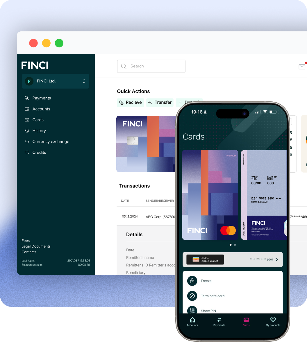 FINCI online bank dashboard and mobile app showing the new premium card design